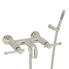 Wall Mount Exposed Tub Filler with Industrial Metal Levers Handshower in Polished Nickel