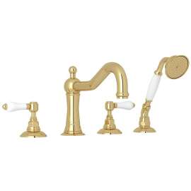 4-Hole Deck Mount Column Spout Tub Filler with Handshower in Unlacquered Brass
