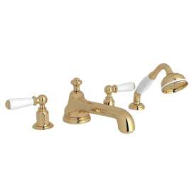 4-Hole Deck Mount Low Level Spout Tub Filler with Metal Lever Handshower in Unlacquered Brass