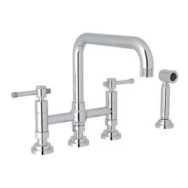 Deck Mount U-Spout 3 Leg Bridge Kitchen Faucet With Sidespray With Industrial Metal Lever Handle