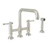 Deck Mount U-Spout 3 Leg Bridge Kitchen Faucet With Sidespray With Industrial Metal Lever Handle In Polished Nickel