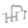 Deck Mount U-Spout 3 Leg Bridge Kitchen Faucet With Sidespray With Industrial Metal Lever Handle In Satin Nickel