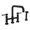 Deck Mount U-Spout 3 Leg Bridge Kitchen Faucet With Sidespray With Industrial Metal Lever Handle In Matte Black