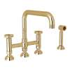 Deck Mount U-Spout 3 Leg Bridge Kitchen Faucet With Sidespray With Industrial Metal Wheel Handle In Unlacquered Brass