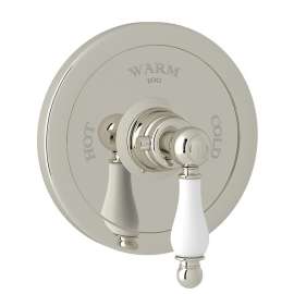 Thermostatic Trim Plate with Ornate White Porcelain Lever and without Volume Control in Polished Nickel