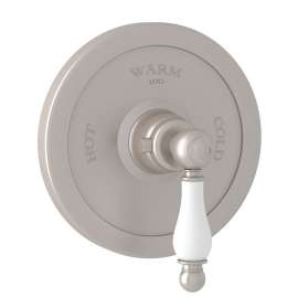 Thermostatic Trim Plate with Ornate White Porcelain Lever and without Volume Control in Satin Nickel