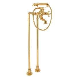 Exposed Floor Mount Tub Filler with Handshower and Floor Pillar Legs or Supply Unions in Italian Brass