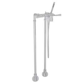 Exposed Floor Mount Tub Filler with Metal Lever Handshower and Floor Pillar Legs or Supply Unions