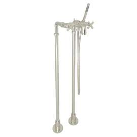 Exposed Floor Mount Tub Filler with Cross Handle Handshower and Floor Pillar Legs or Supply Unions in Polished Nickel