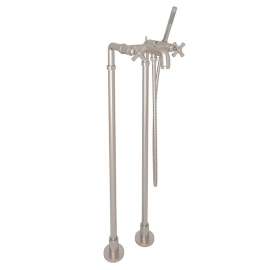 Exposed Floor Mount Tub Filler with Cross Handle Handshower and Floor Pillar Legs or Supply Unions in Satin Nickel
