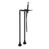 Exposed Floor Mount Tub Filler with Metal Lever Handshower and Floor Pillar Legs or Supply Unions in Matte Black