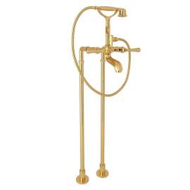 Palladian AKIT1901NLMIB Exposed Floor Mount Tub Filler with Metal Lever Handshower and Floor Pillar Legs or Supply Unions in Italian Brass