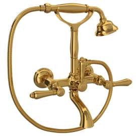 A1401LMULB Exposed Wall Mount Tub Filler with Handshower and Metal Lever Handle, Unlacquered Brass
