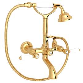 A1401LPIB Exposed Wall Mount Tub Filler with Handshower and White Porcelain Lever Handle, Italian Brass