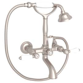 A1401LPSTN Exposed Wall Mount Tub Filler with Handshower and White Porcelain Lever Handle, Satin Nickel