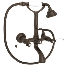 A1401LPTCB Exposed Wall Mount Tub Filler with Handshower and White Porcelain Lever Handle, Tuscan Brass
