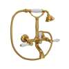 A1401LPULB Exposed Wall Mount Tub Filler with Handshower and White Porcelain Lever Handle, Unlacquered Brass