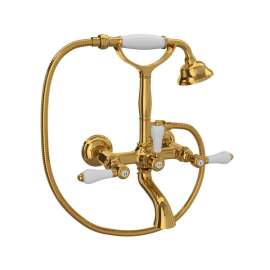 A1401LPULB Exposed Wall Mount Tub Filler with Handshower and White Porcelain Lever Handle, Unlacquered Brass