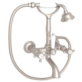 A1401XMSTN Exposed Wall Mount Tub Filler with Handshower and Cross Handle, Satin Nickel