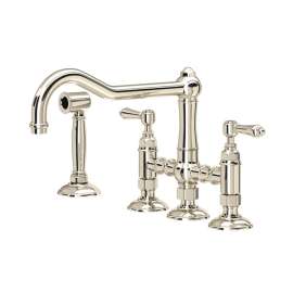 A1458LMWSPN-2 Acqui Deck Mount Column Spout 3 Leg Bridge Kitchen Faucet with Sidespray and Metal Lever Handle, Polished Nickel