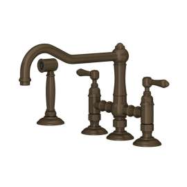 A1458LMWSTCB-2 Acqui Deck Mount Column Spout 3 Leg Bridge Kitchen Faucet with Sidespray and Metal Lever Handle, Tuscan Brass