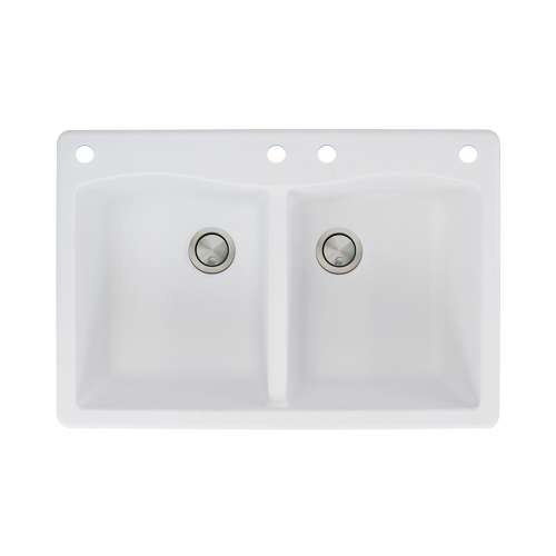 Samuel Mueller Adagio 33in x 22in silQ Granite Drop-in Double Bowl Kitchen Sink with 4 CADE Faucet Holes, In White