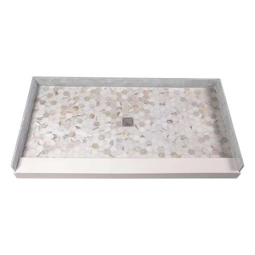 60-in x 32-in Genuine Marble Tiled Shower Base with Center Drain, Hexagon Off-White Pattern