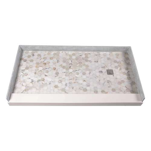60-in x 32-in Genuine Marble Tiled Shower Base with Right Hand Drain, in Hexagon Off-White Pattern