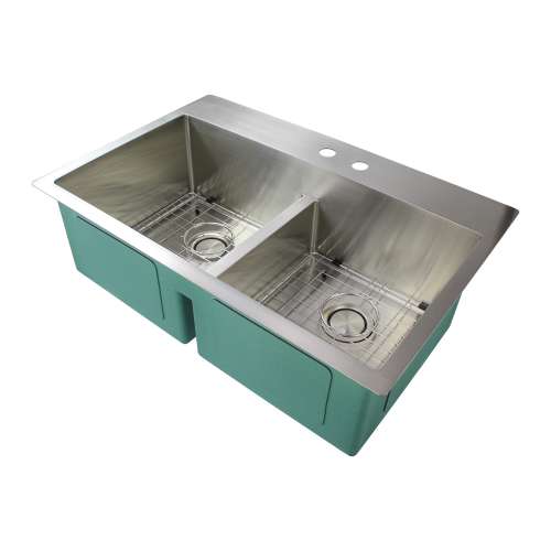 Samuel Mueller Monterey 33in x 22in 16 Gauge Dual Mount Double Bowl Kitchen Sink with Low Divide with MR2 Holes