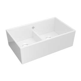 Shaker(TM) 33" Low Divide Double Bowl Apron Front Fireclay Kitchen Sink, MS3320WH