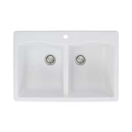 KF-ATDE3322 Aversa 33-in x 22-in x 9.5-in Granite Double Equal Drop-in 1-Hole Kitchen Sink in White with Faucet, Grids, Strainer, Disposer Strainer, Installation Kit