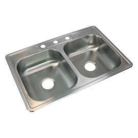 33-in x 22.02-in x 6-in 22 Gauge Double Equal Bowls, Stainless Steel Kitchen Sink, Drop-in Installation with 3-Holes, with Grids, Strainer, Disposer Strainer, Installation Kit