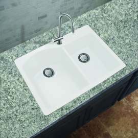 33-in x 22-in x 9.5-in Granite 1-3/4 D-Shaped Double Offset Drop-in 1-Hole Kitchen Sink in White with Grids, Strainer, Disposer Strainer, Installation Kit