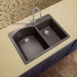 33-in X 22-in X 9.5-in silQ Granite Kitchen Sink with 1-3/4 D-Shaped Double Offset bowls, Drop-in Installation with 1 B Faucet Hole, In Espresso