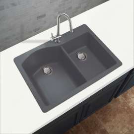 33-in X 22-in X 9.5-in silQ Granite Kitchen Sink with 1-3/4 D-Shaped Double Offset bowls, Drop-in Installation with 1 B Faucet Hole, In Grey