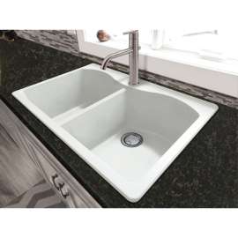 33-in x 22-in x 9.5-in Granite Double Equal Drop-in 1-Hole Kitchen Sink in White with Grids, Strainer, Disposer Strainer, Installation Kit