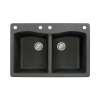 Transolid Aversa 33in x 22in silQ Granite Drop-in Double Bowl Kitchen Sink with 4 CABE Faucet Holes, in Black