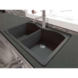 33-in x 22-in x 9.5-in Granite Double Equal Drop-in 1-Hole Kitchen Sink in Black with Grids, Strainer, Disposer Strainer, Installation Kit