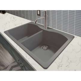 33-in x 22-in x 9.5-in Granite Double Equal Drop-in 1-Hole Kitchen Sink in Grey with Grids, Strainer, Disposer Strainer, Installation Kit