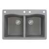 Transolid Aversa 33in x 22in silQ Granite Drop-in Double Bowl Kitchen Sink with 4 CADE Faucet Holes, in Grey
