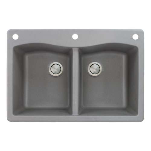 Transolid Aversa 33in x 22in silQ Granite Drop-in Double Bowl Kitchen Sink with 3 CAE Faucet Holes, in Grey