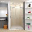 Frameless bypass shower door in frame finish with smooth clear glass texture and classic Riley handles 48-in W x 80-in H