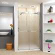 Frameless bypass shower door in frame finish with frosted glass texture and classic Sabrina handles 48-in W x 80-in H