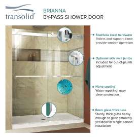 Frameless bypass shower door in frame finish with smooth clear glass texture and classic Sabrina handles 60-in W x 70-in H