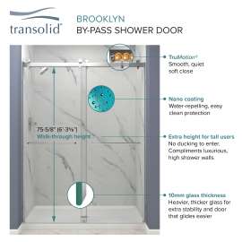 BYPT608010L-J Brooklyn Frameless Bypass Shower Door Featuring EXCLUSIVE TruMotion Technology in a Brushed Stainless Finish with a Smooth Low Iron Ultra Clear Glass Texture and Barrington Knurled Handles 60-in W x 80-in H