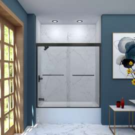 Slim bypass shower door in Matte Black frame finish with a smooth clear glass texture 57-3/4-in to 59-in W x 60-in H