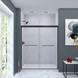 Slim bypass shower door in Matte Black frame finish with a smooth clear glass texture 57-3/4-in to 59-in W x 70-in H
