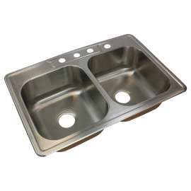 33-in x 22.02-in x 8-in 18 Gauge Double Equal Bowls, Stainless Steel Kitchen Sink, Drop-in Installation with 4-Holes, with Grids, Strainer, Disposer Strainer, Installation Kit