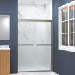Semi-frameless bypass shower door featuring EXCLUSIVE TruMotion technology with smooth frosted glass texture and contemporary Riley handles 45-3/4-in to 47-in W x 70-in H