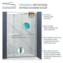 Semi-frameless bypass shower door featuring EXCLUSIVE TruMotion technology with smooth frosted glass texture and modern Sabrina handles 57-3/4-in to 59-in W x 76-in H